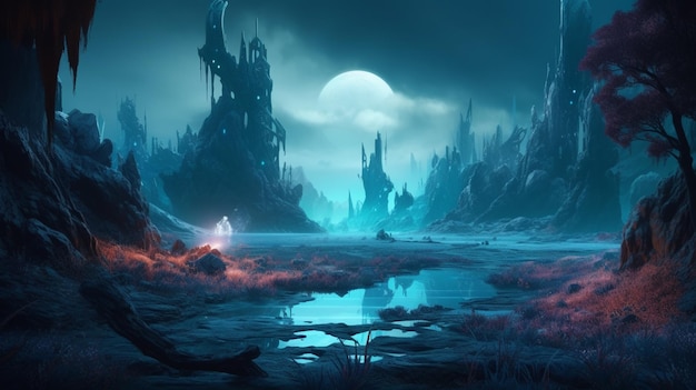 A fantasy landscape with a castle and a moon in the background