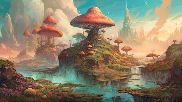 A fantasy landscape with a castle and mushrooms