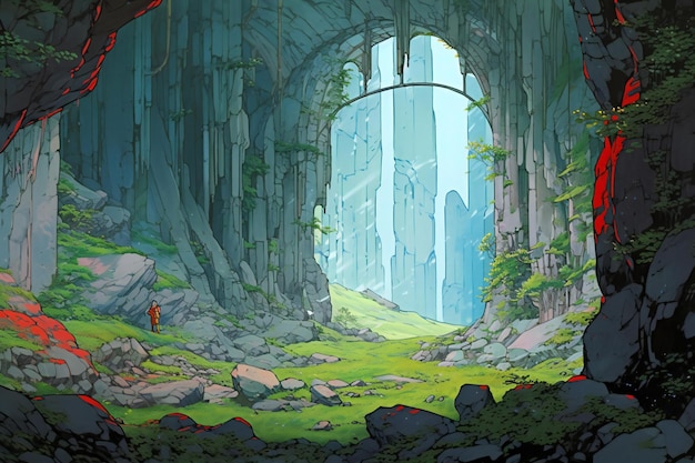 Fantasy landscape with a cave in the mountains