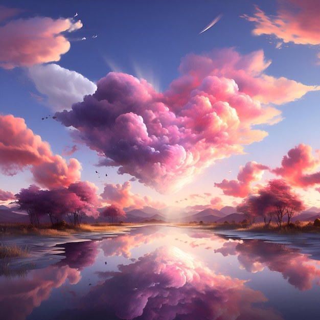 Fantasy landscape with clouds and reflection in water 3d illustration