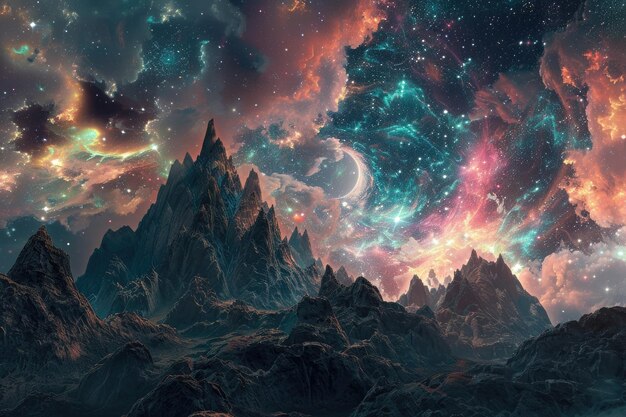 Photo fantasy landscape with a cosmic sky full of stars and mystical elements