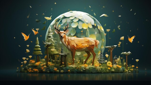 Fantasy landscape with a deer in the forest