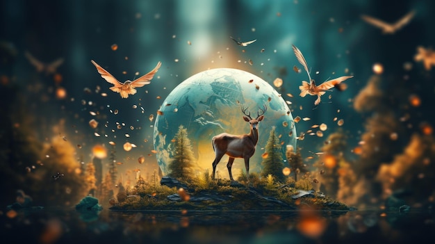 Photo fantasy landscape with deer and planet