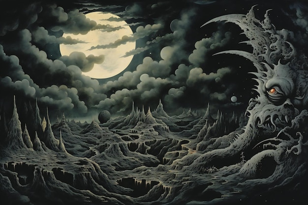 Fantasy landscape with a dragon on the background of the full moon