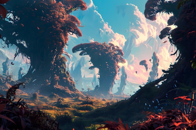 Fantasy Landscape with Enormous Alien Trees and Mystical Atmosphere