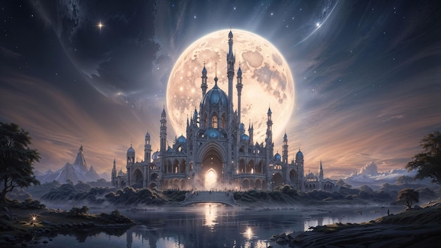 Fantasy landscape with fantasy castle and full moon 3d illustration