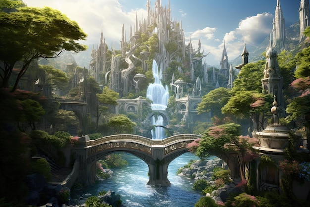 Fantasy landscape with fantasy city and bridge 3d illustration AI Generated