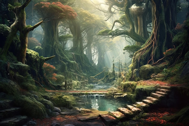 Fantasy landscape with fantasy forest