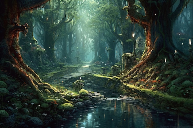 Fantasy landscape with fantasy forest