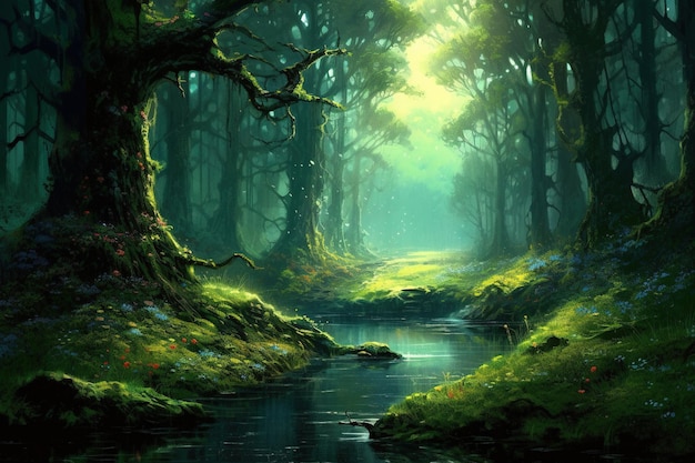 Fantasy landscape with fantasy forest