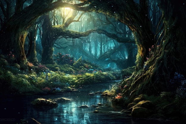 Fantasy landscape with fantasy forest