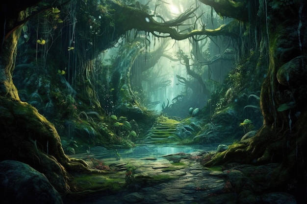 Fantasy landscape with fantasy forest