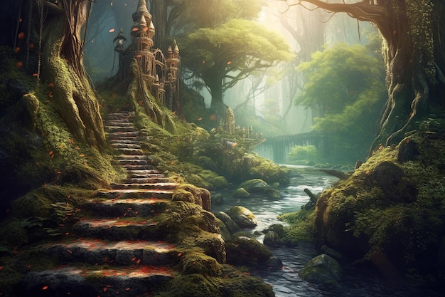 Fantasy landscape with fantasy forest