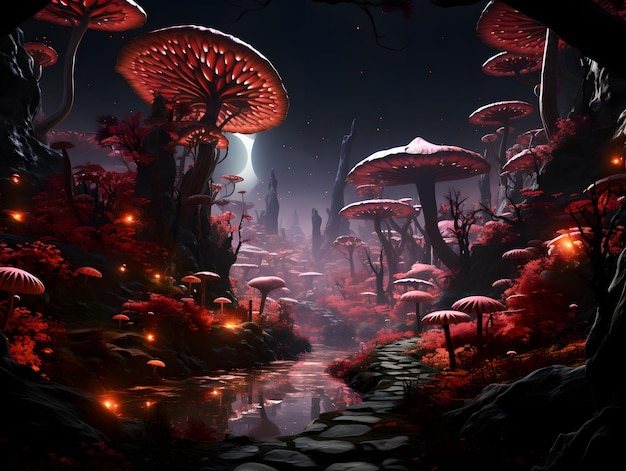 Fantasy landscape with fantasy mushrooms forest and moon 3d illustration