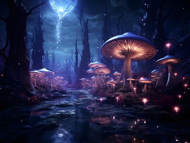 Fantasy landscape with fantasy mushrooms forest and moon 3d illustration