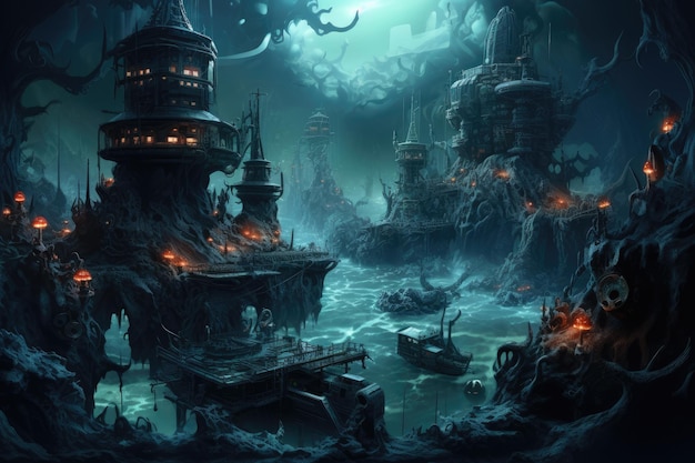 Fantasy landscape with fantasy temple in fog 3D illustration deep sea mining AI Generated