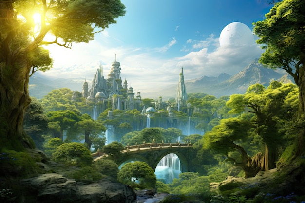 Fantasy landscape with fantasy world and bridge 3D rendering AI Generated