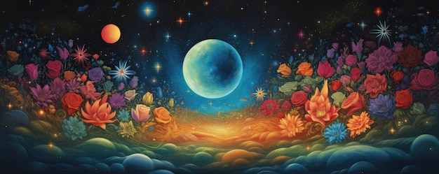 Fantasy landscape with flowers moon and stars Fantasy illustration