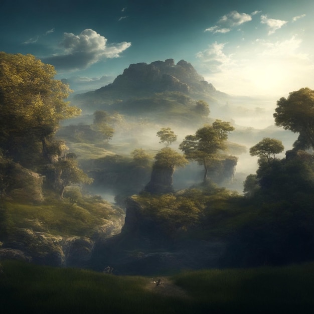 Fantasy landscape with fog and trees in the meadow Retro style