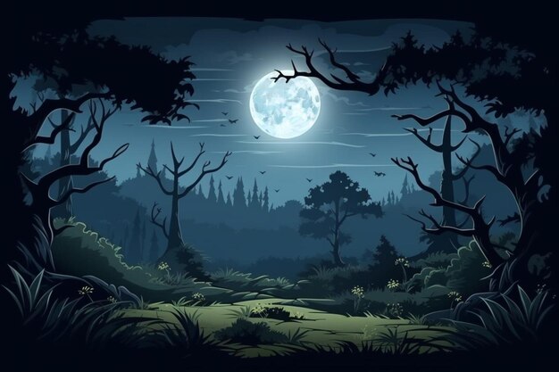 Fantasy landscape with forest and full moon in the night sky