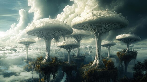 Photo a fantasy landscape with giant cloudlike trees and floating islands