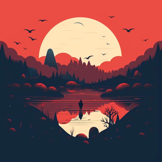 Fantasy landscape with lake forest and sunset Vector illustration