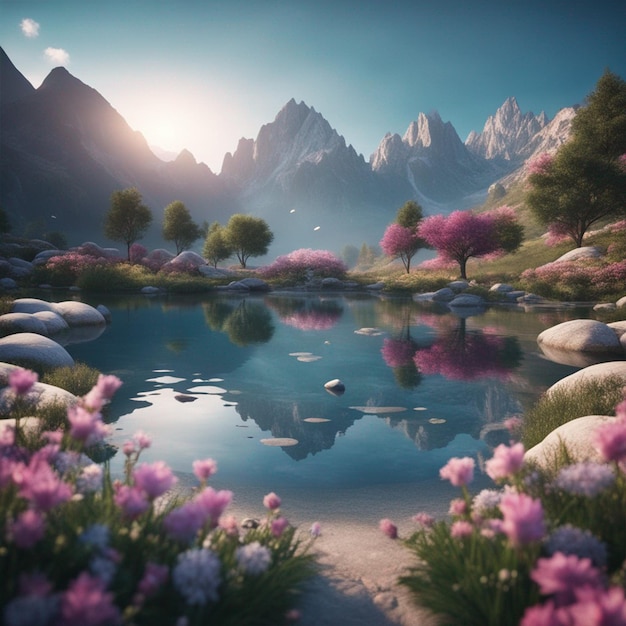 Fantasy landscape with a lake mountains and flowers 3d render wallpaper