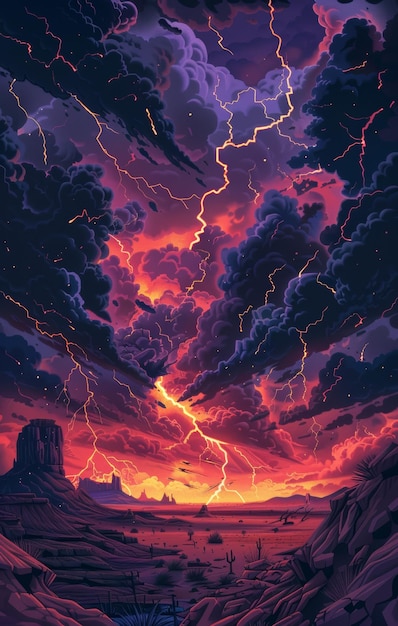 Fantasy landscape with lightning in the sky 3D illustration