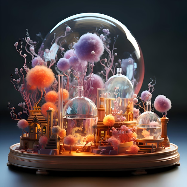 Fantasy landscape with magic bubbles 3d illustration Space for text