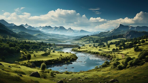 Fantasy landscape with mountain river and valley