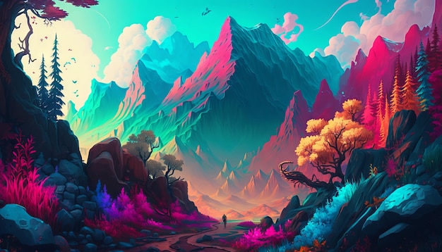 Fantasy landscape with mountains and forest Digital painting Generative AI