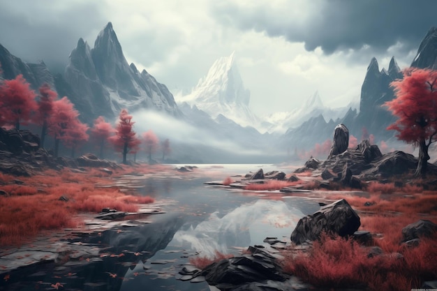 Fantasy landscape with mountains and lake Hyper realistic illustration