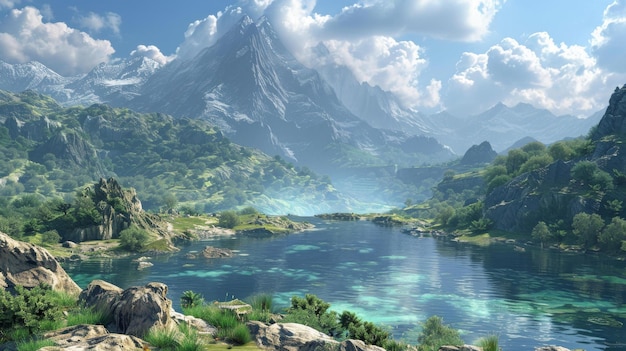 Fantasy landscape with mountains lake and rocks