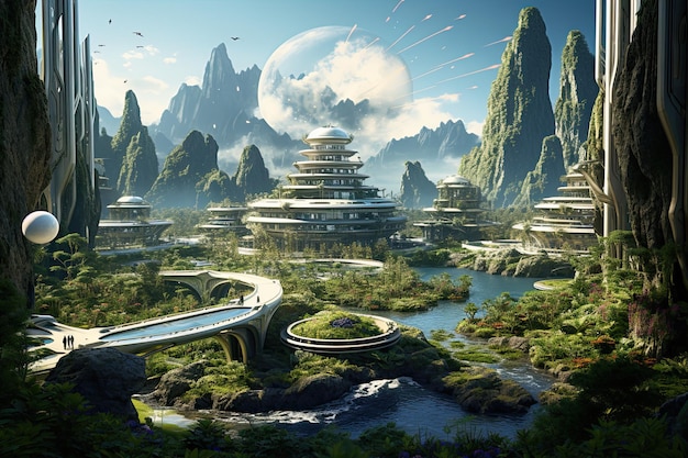 Fantasy landscape with mountains and pagoda 3D rendering AI Generated