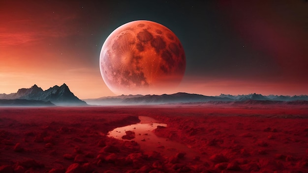 Photo fantasy landscape with mountains and red full moon