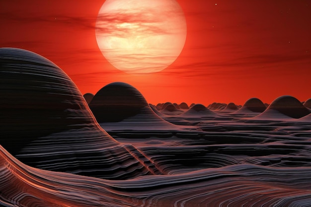 Fantasy landscape with mountains and red sun