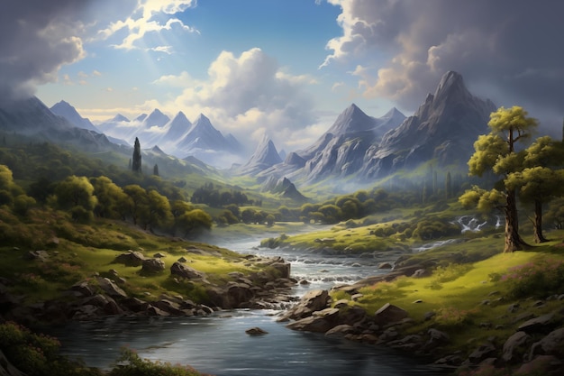 Fantasy landscape with mountains and river Digital art painting