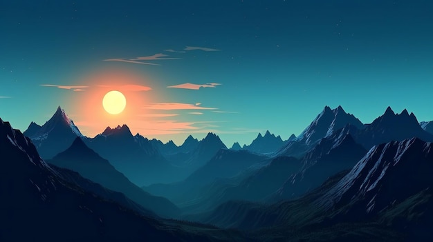 Fantasy landscape with mountains and the sun