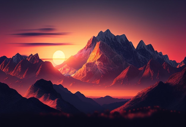 Fantasy landscape with mountains at sunset 3d render illustration generative ai