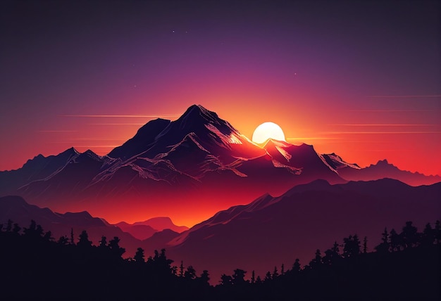 Fantasy landscape with mountains at sunset 3d render illustration generative ai