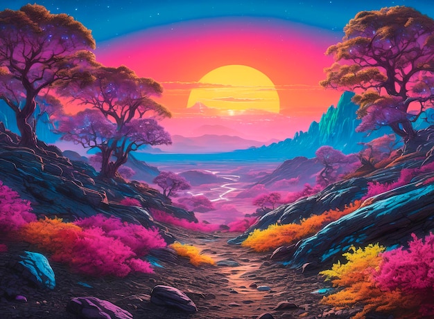 Fantasy landscape with mountains trees and sunset