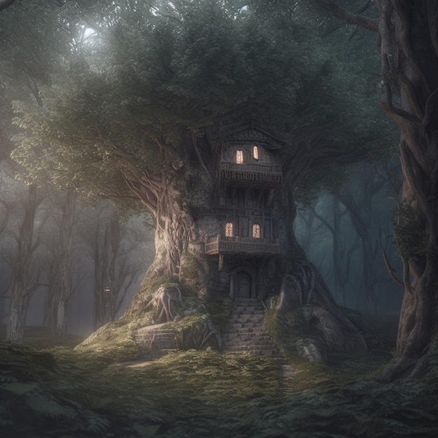 Fantasy landscape with old wooden house in the forest