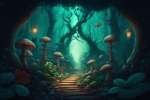 Fantasy landscape with path in the forest 3D illustration