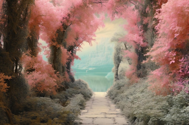 Fantasy landscape with a path leading to the lake in the forest