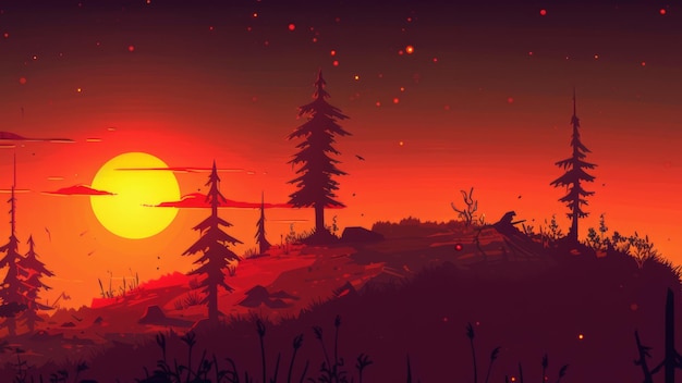 Fantasy landscape with pine trees sunset and sun