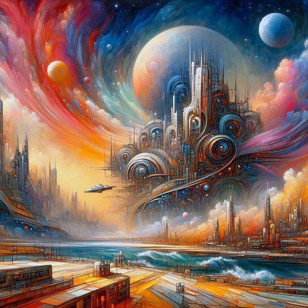 Fantasy landscape with a planet and a spaceship Digital painting