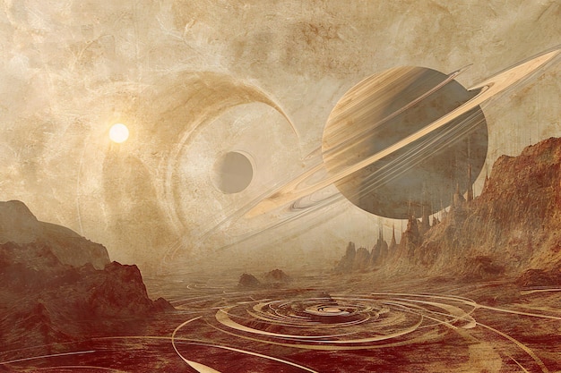 Fantasy landscape with planet sun and moon