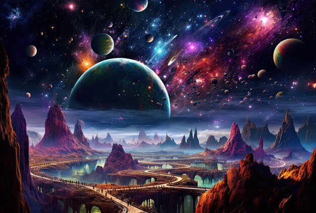 Fantasy landscape with planets and stars in the space 3d illustration