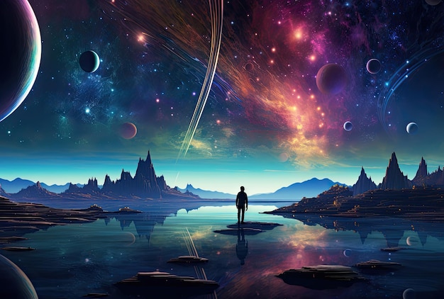 Fantasy landscape with planets and stars in the space 3d illustration