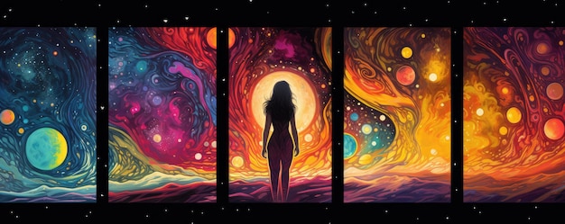 Fantasy landscape with planets sun stars and woman